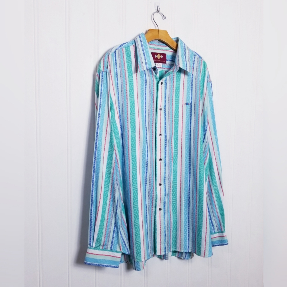 Russell Simmons Button Up Shirt Mens Size 2XL Blue Argyle Longsleeve Stripe